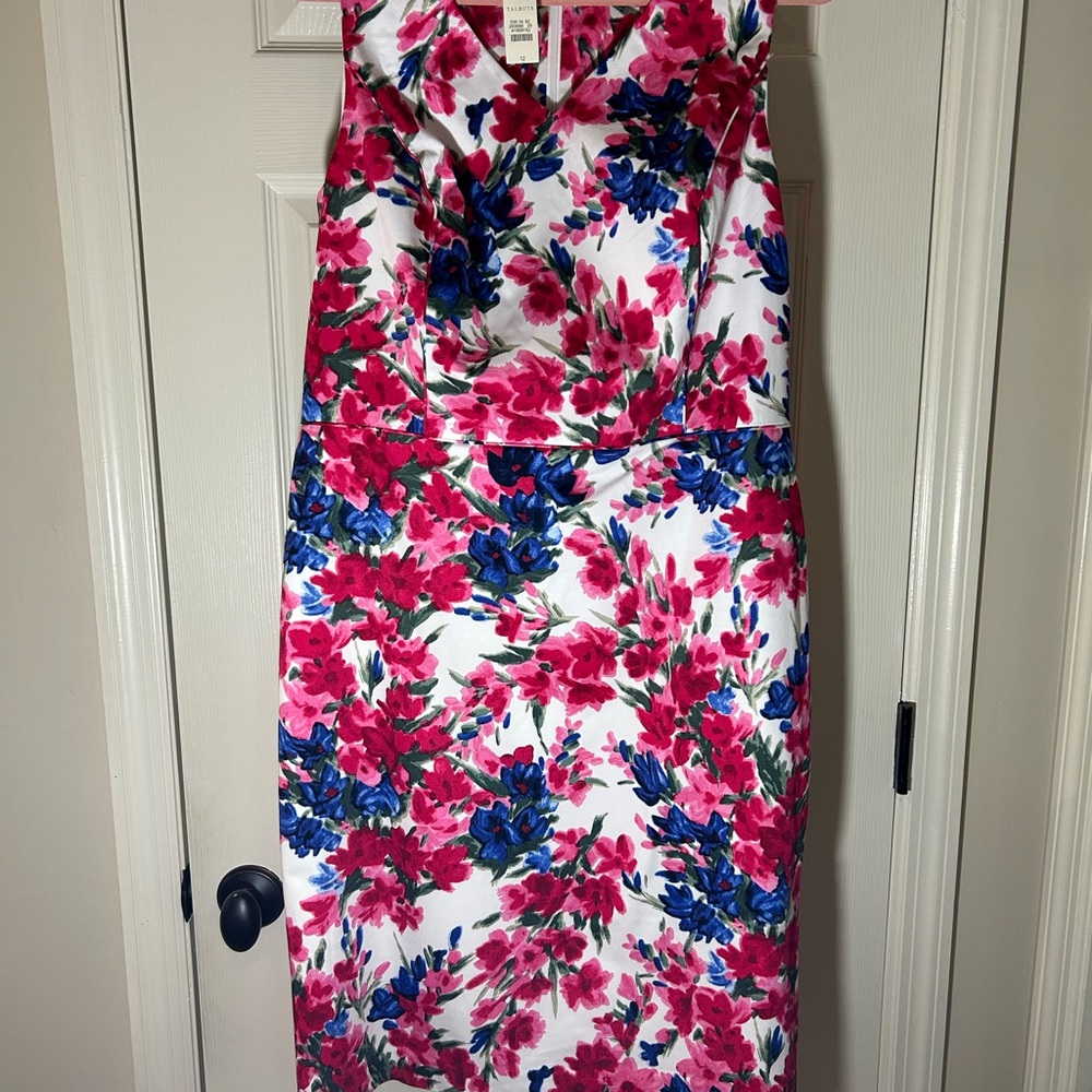 Talbots Dress Womens 12 Pink Blue Floral Sleeveless Sheath Lined Cottagecore NWT - Picture 9 of 12